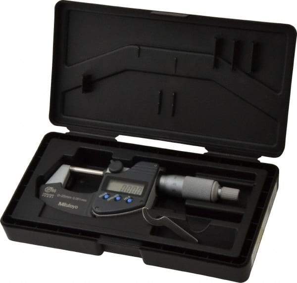Mitutoyo - 0 to 25 mm Range, 0.001 mm Resolution, Standard Throat, IP65 Electronic Outside Micrometer - 0.001 Inch Accuracy, Ratchet Stop Thimble, Carbide Face, SR44 Battery, Plastic Case, Includes NIST Traceable Certification of Inspection - Industrial Tool & Supply
