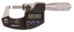 Mitutoyo - 0.0001 Inch Resolution, Standard Throat, Electronic Outside Micrometer - Includes Stand - Industrial Tool & Supply