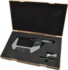 Mitutoyo - 3 to 4 Inch Range, 0.0001 Inch Resolution, Standard Throat, IP65 Electronic Outside Micrometer - 0.0001 Inch Accuracy, Ratchet Stop Thimble, Carbide Face, SR44 Battery, Data Output, Plastic Case - Industrial Tool & Supply