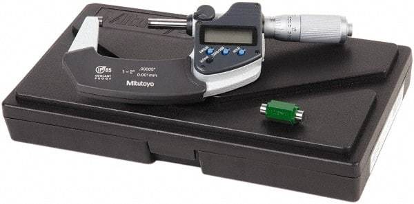 Mitutoyo - 1 to 2 Inch Range, 0.0001 Inch Resolution, Standard Throat, IP65 Electronic Outside Micrometer - 0.0001 Inch Accuracy, Friction Thimble, Carbide Face, SR44 Battery, Data Output, Plastic Case, Includes NIST Traceable Certification of Inspection - Industrial Tool & Supply