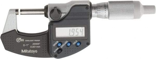 Mitutoyo - 0 to 1 Inch Range, 0.0001 Inch Resolution, Standard Throat, IP65 Electronic Outside Micrometer - 0.0001 Inch Accuracy, Ratchet Friction Thimble, Carbide Face, SR44 Battery, Plastic Case, Includes NIST Traceable Certification of Inspection - Industrial Tool & Supply