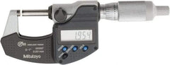 Mitutoyo - 0 to 1 Inch Range, 0.0001 Inch Resolution, Standard Throat, IP65 Electronic Outside Micrometer - 0.0001 Inch Accuracy, Ratchet Friction Thimble, Carbide Face, SR44 Battery, Plastic Case, Includes NIST Traceable Certification of Inspection - Industrial Tool & Supply