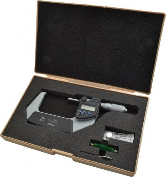 Mitutoyo - 2 to 3 Inch Range, 0.0001 Inch Resolution, Standard Throat, IP65 Electronic Outside Micrometer - 0.0001 Inch Accuracy, Ratchet Friction Thimble, Carbide Face, SR44 Battery, Plastic Case - Industrial Tool & Supply