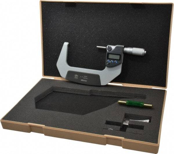 Mitutoyo - 3 to 4 Inch Range, 0.0001 Inch Resolution, Standard Throat, IP65 Electronic Outside Micrometer - 0.0001 Inch Accuracy, Ratchet Friction Thimble, Carbide Face, SR44 Battery, Plastic Case - Industrial Tool & Supply