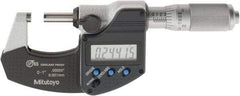 Mitutoyo - 0 to 1 Inch Range, 0.0001 Inch Resolution, Standard Throat, IP65, Electronic Outside Micrometer - 0.0001 Inch Accuracy, Friction Thimble, Carbide Face, SR44 Battery, Plastic Case, Includes NIST Traceable Certification of Inspection - Industrial Tool & Supply