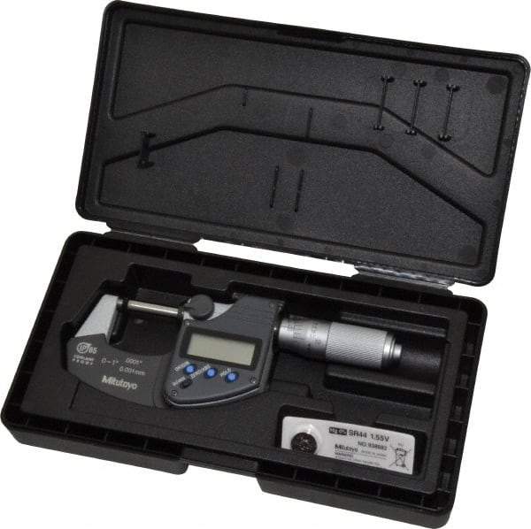 Mitutoyo - 0 to 1 Inch Range, 0.0001 Inch Resolution, Standard Throat, IP65 Electronic Outside Micrometer - 0.0001 Inch Accuracy, Ratchet Friction Thimble, Carbide Face, SR44 Battery, Plastic Case - Industrial Tool & Supply