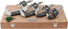 Mitutoyo - 0 to 4" Range, 0.001mm Resolution, IP65, 4 Piece Electronic Outside Micrometer Sets - 0.001, 0.002mm Accuracy, Ratchet Stop Thimble, Carbide Measuring Face - Industrial Tool & Supply