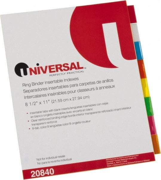 UNIVERSAL - 8-1/2 x 11" 8 Tabs, Single Sided Clear Mylar Reinforced Binding Edge, Insertable Tab Economy Indexes - Multicolor Tabs, Buff Folder - Industrial Tool & Supply