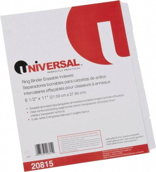 UNIVERSAL - 8-1/2 x 11" 5 Tabs, Clear Reinforced Binder Holes, Write on Erasable Tab Indexes - White - Industrial Tool & Supply