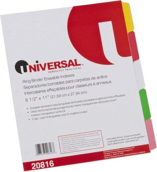 UNIVERSAL - 8-1/2 x 11" 5 Tabs, Clear Reinforced Binder Holes, Write on Erasable Tab Indexes - Multicolor Tabs, White Folder - Industrial Tool & Supply