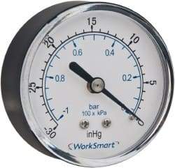 Value Collection - 1-1/2" Dial, 1/8 Thread, 30-0-30 Scale Range, Pressure Gauge - Center Back Connection Mount, Accurate to 3-2-3% of Scale - Industrial Tool & Supply