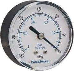 Value Collection - 1-1/2" Dial, 1/8 Thread, 30-0-30 Scale Range, Pressure Gauge - Center Back Connection Mount, Accurate to 3-2-3% of Scale - Industrial Tool & Supply