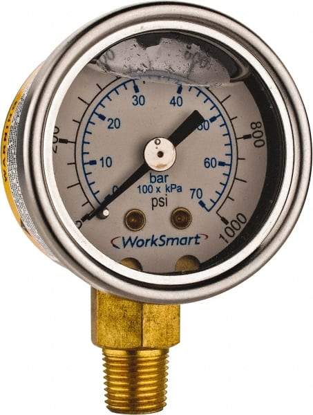 Value Collection - 1-1/2" Dial, 1/8 Thread, 0-1,000 Scale Range, Pressure Gauge - Lower Connection Mount, Accurate to 3-2-3% of Scale - Industrial Tool & Supply