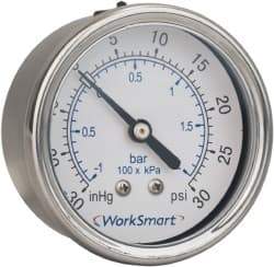 Value Collection - 2-1/2" Dial, 1/4 Thread, 30-0-30 Scale Range, Pressure Gauge - Center Back Connection Mount, Accurate to 3-2-3% of Scale - Industrial Tool & Supply