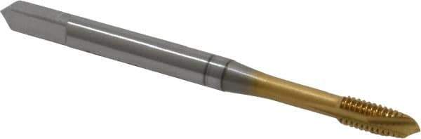 OSG - M4x0.70 Metric Coarse, 3 Flute, TiN Finish, Vanadium High Speed Steel Spiral Point Tap - Plug Chamfer, Right Hand Thread, 2-1/8" OAL, 3/4" Thread Length, 0.168" Shank Diam, 6H Class of Fit, Series 342 - Exact Industrial Supply