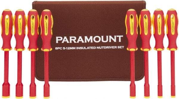Paramount - 8 Piece 5 to 12mm Insulated Nutdriver Set - Solid Shaft, Ergonomic Handle - Industrial Tool & Supply
