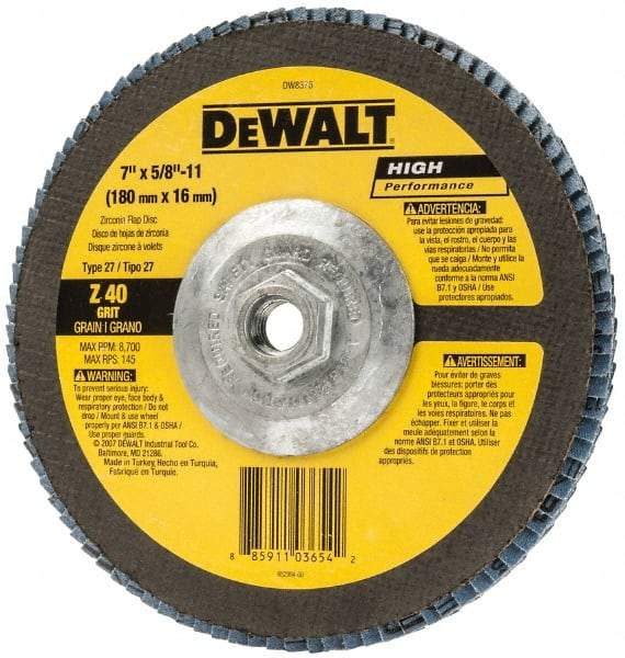 DeWALT - 40 Grit, 7" Disc Diam, 5/8-11 Center Hole, Type 27 Zirconia Alumina Flap Disc - 8,700 Max RPM, Fiberglass Backing, Arbor Attaching System, Coated - Industrial Tool & Supply