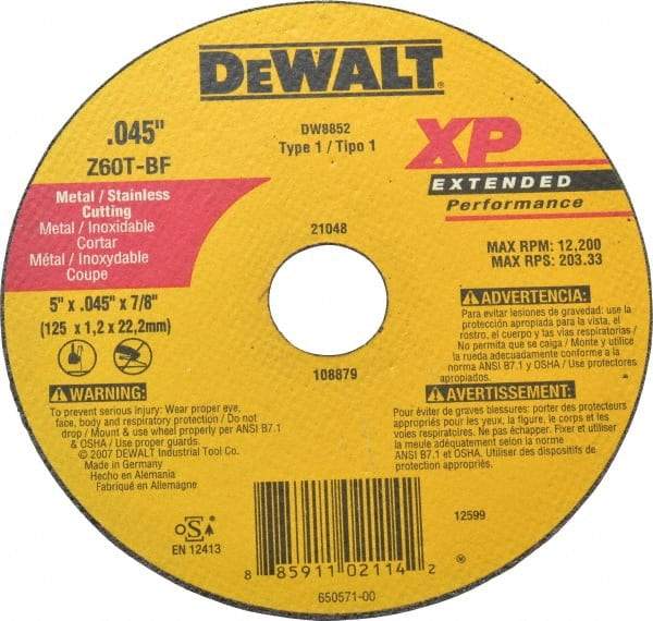 DeWALT - 5" 60 Grit Zirconia Alumina Cutoff Wheel - 0.045" Thick, 7/8" Arbor, 12,200 Max RPM, Use with Circular Saws - Industrial Tool & Supply