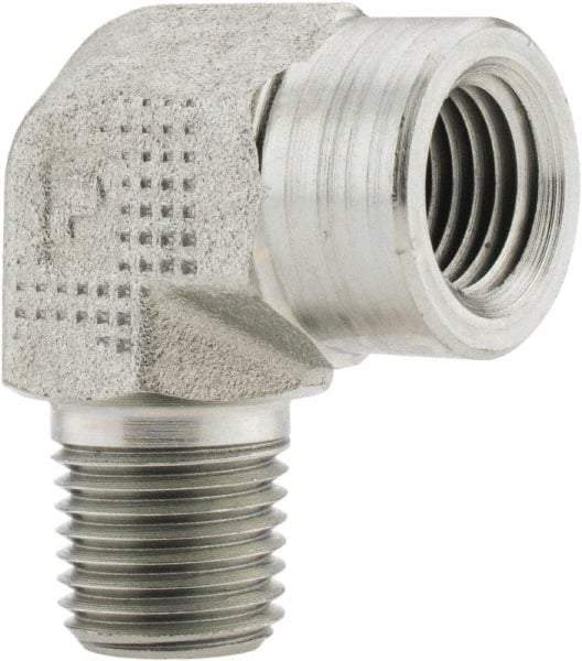 Parker - 1/4 Male Thread x 1/4 Female Thread, Zinc Plated Steel Industrial Pipe 90° Street Elbow - MNPTF x FNPTF, 5,000 psi - Industrial Tool & Supply