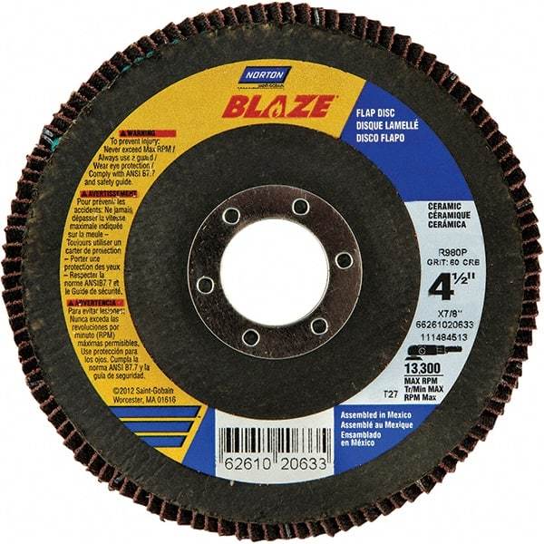 Norton - 36 Grit, 4-1/2" Disc Diam, 7/8" Center Hole, Type 27 Ceramic Alumina Flap Disc - 13,000 Max RPM, Cloth Backing, Arbor Attaching System, Coated - Industrial Tool & Supply
