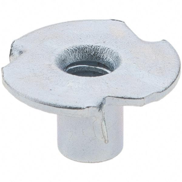 Made in USA - #6-32 Zinc-Plated Steel Standard Tee Nut - 1/4" Barrel Length, 1/2" Flange Diam, 3 Prongs - Industrial Tool & Supply