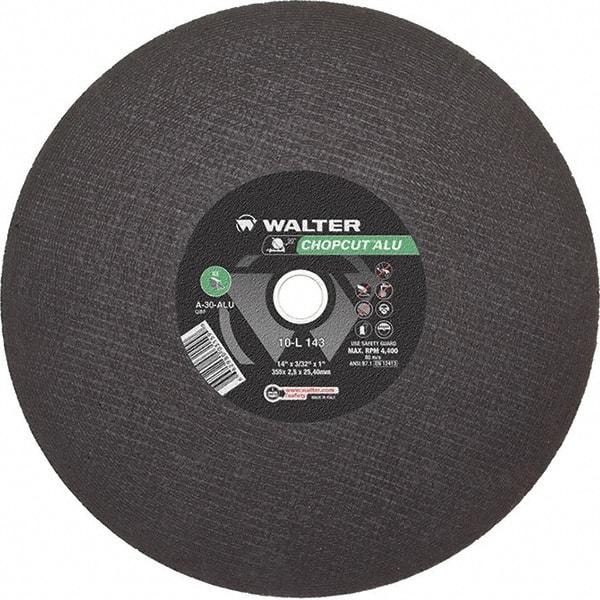 WALTER Surface Technologies - 14" 30 Grit Aluminum Oxide Cutoff Wheel - 3/32" Thick, 1" Arbor, 4,400 Max RPM, Use with Chop Saws - Industrial Tool & Supply