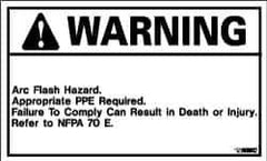 NMC - Accident Prevention Label, Header: WARNING - Legend: Warning - Arc Flash Hazard - Appropriate PPE Required - Failure to Comply Can Result in Death or Injury - Refer to NFPA 70E, English, Black & Orange, 5" Long x 3" High, Sign Muscle Finish - Industrial Tool & Supply