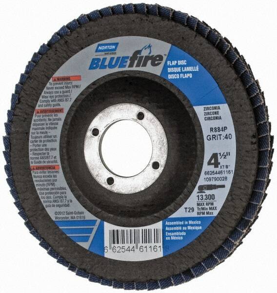 Norton - 40 Grit, 4-1/2" Disc Diam, 7/8" Center Hole, Type 29 Zirconia Alumina Flap Disc - 13,300 Max RPM, Cloth Backing, Arbor Attaching System, Coated - Industrial Tool & Supply