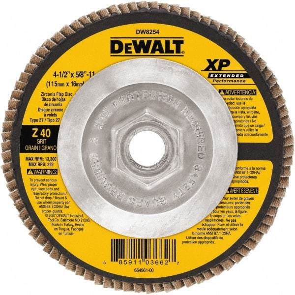 DeWALT - 40 Grit, 4-1/2" Disc Diam, 5/8-11 Center Hole, Type 27 Zirconia Alumina Flap Disc - 13,300 Max RPM, Cloth Backing, Arbor Attaching System, Coated - Industrial Tool & Supply