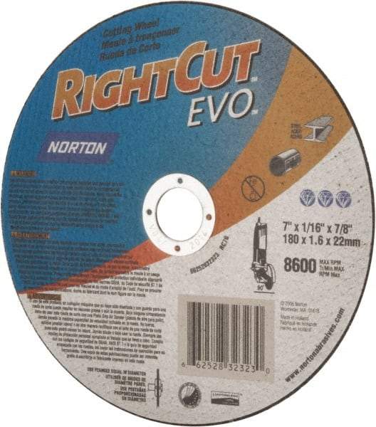 Norton - 7" Aluminum Oxide Cutoff Wheel - 0.045" Thick, 7/8" Arbor, 8,600 Max RPM, Use with Angle Grinders - Industrial Tool & Supply