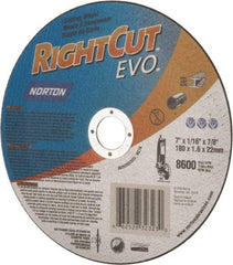 Norton - 7" Aluminum Oxide Cutoff Wheel - 0.045" Thick, 7/8" Arbor, 8,600 Max RPM, Use with Angle Grinders - Industrial Tool & Supply