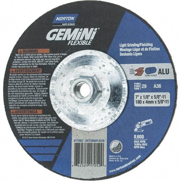 Norton - 36 Grit, 7" Wheel Diam, 1/8" Wheel Thickness, Type 29 Depressed Center Wheel - Aluminum Oxide, 8,600 Max RPM, Compatible with Angle Grinder - Industrial Tool & Supply