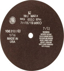 Tru-Maxx - 7" 60 Grit Aluminum Oxide Cutoff Wheel - 1/16" Thick, 1/2" Arbor, 5,184 Max RPM, Use with Stationary Tools - Industrial Tool & Supply