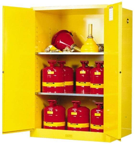 Justrite - 2 Door, 2 Shelf, Yellow Steel Standard Safety Cabinet for Flammable and Combustible Liquids - 65" High x 43" Wide x 34" Deep, Manual Closing Door, 3 Point Key Lock, 90 Gal Capacity - Industrial Tool & Supply