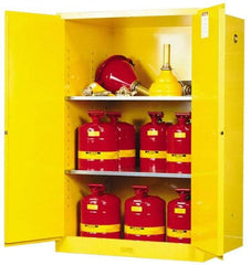 Justrite - 2 Door, 2 Shelf, Yellow Steel Standard Safety Cabinet for Flammable and Combustible Liquids - 65" High x 43" Wide x 34" Deep, Manual Closing Door, 3 Point Key Lock, 90 Gal Capacity - Industrial Tool & Supply