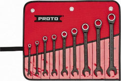 Proto - 9 Piece, 1/4" to 3/4", Ratcheting Combination Wrench Set - 12 Point, Black/Chrome Finish, Comes in Pouch - Industrial Tool & Supply
