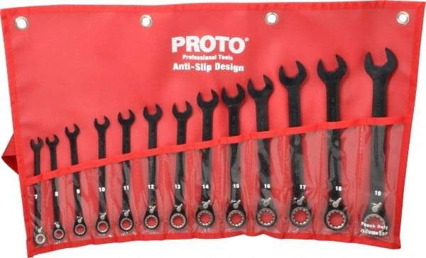 Proto - 13 Piece, 7mm to 19mm, 12 Point Combination Wrench Set - Metric Measurement Standard, Black/Chrome Finish, Comes in Pouch - Industrial Tool & Supply