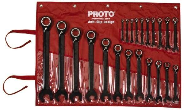 Proto - 22 Piece, 6mm to 36mm, 12 Point Combination Wrench Set - Metric Measurement Standard, Black/Chrome Finish, Comes in Pouch - Industrial Tool & Supply