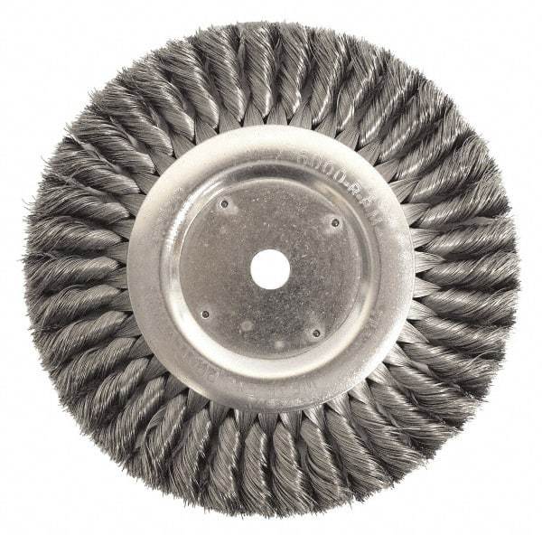 Weiler - 10" OD, 3/4" Arbor Hole, Knotted Steel Wheel Brush - 3/4" Face Width, 1-3/4" Trim Length, 0.014" Filament Diam, 4,500 RPM - Industrial Tool & Supply
