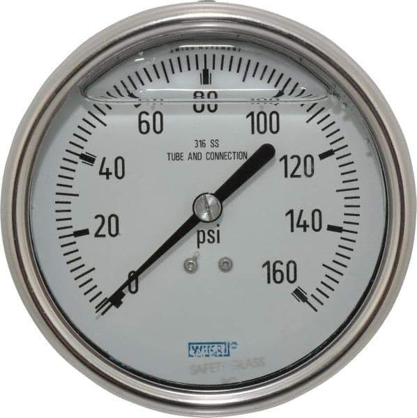 Wika - 4" Dial, 1/4 Thread, 0-160 Scale Range, Pressure Gauge - Lower Back Connection Mount, Accurate to 1% of Scale - Industrial Tool & Supply