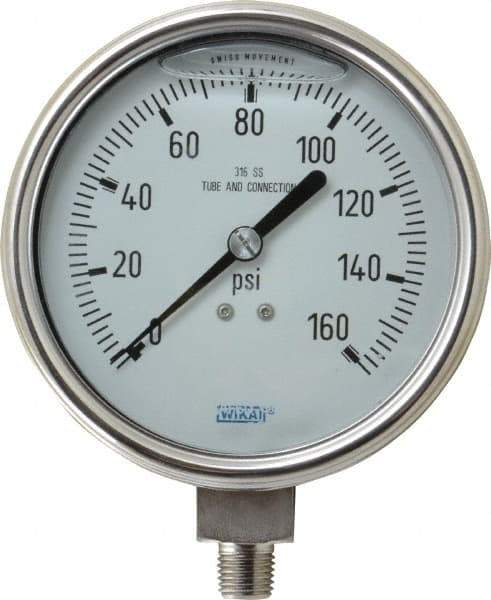 Wika - 4" Dial, 1/4 Thread, 0-160 Scale Range, Pressure Gauge - Lower Connection Mount, Accurate to 1% of Scale - Industrial Tool & Supply