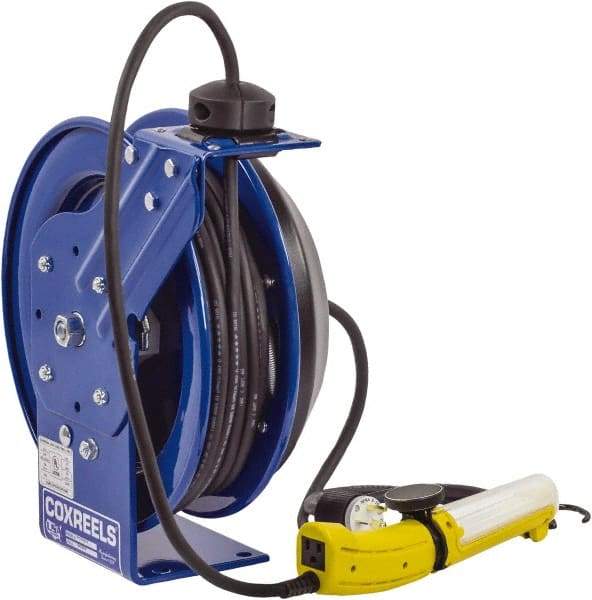 CoxReels - 16 AWG, 100' Cable Length, Cord & Cable Reel with Fluorescent Angle Light with Tool Tap Plug End - 1 Outlet, 13 Amps, 115 Volts, SJTO Cable, Blue Reel, Spring Driven Reel - Industrial Tool & Supply