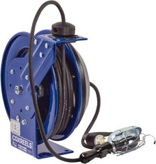 CoxReels - 16 AWG, 100' Cable Length, Cord & Cable Reel with Incandescent Hand Lamp with Tool Tap Plug End - 1 Outlet, NEMA 5-15R, 13 Amps, 115 Volts, SJTO Cable, Blue Reel, Spring Driven Reel - Industrial Tool & Supply