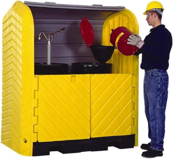 UltraTech - 41-1/4" Wide x 67-1/4" Deep x 74" High, Polyethylene Vertical Drum Cabinet - Yellow/Black, Roll Top & Swing-out Barn Style Door, 1 Shelf, 2 Drums - Industrial Tool & Supply