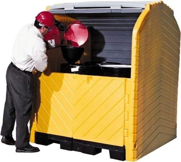 UltraTech - 62" Wide x 64-1/2" Deep x 79" High, Polyethylene Vertical Drum Cabinet - Yellow/Black, Roll Top & Swing-out Barn Style Door, 1 Shelf, 4 Drums - Industrial Tool & Supply