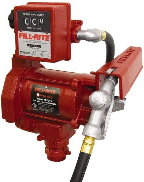 Tuthill - 20 GPM, 3/4" Hose Diam, AC Tank Pump with Manual Nozzle & 807C Meter - 1-1/4" Inlet, 3/4" Outlet, 115 Volts, 12' Hose Length, 1/3 hp - Industrial Tool & Supply