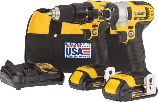 DeWALT - 9 Piece 20 Volt Cordless Tool Combination Kit - Includes 1/2" Drill/Driver & 1/4" Impact Driver, Lithium-Ion Battery Included - Industrial Tool & Supply
