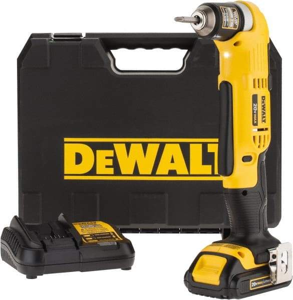 DeWALT - 20 Volt 3/8" Chuck Right Angle Handle Cordless Drill - 0-650 & 0-2000 RPM, Keyless Chuck, Reversible, 1 Lithium-Ion Battery Included - Industrial Tool & Supply