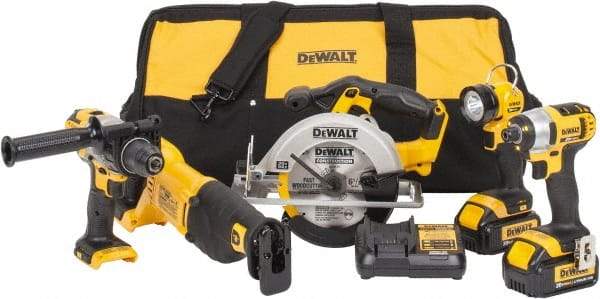 DeWALT - 12 Piece 20 Volt Cordless Tool Combination Kit - Includes 1/2" Hammerdrill, 1/4" Impact Driver, Reciprocating Saw, 6-1/2" Circular Saw & LED Worklight, Lithium-Ion Battery Included - Industrial Tool & Supply