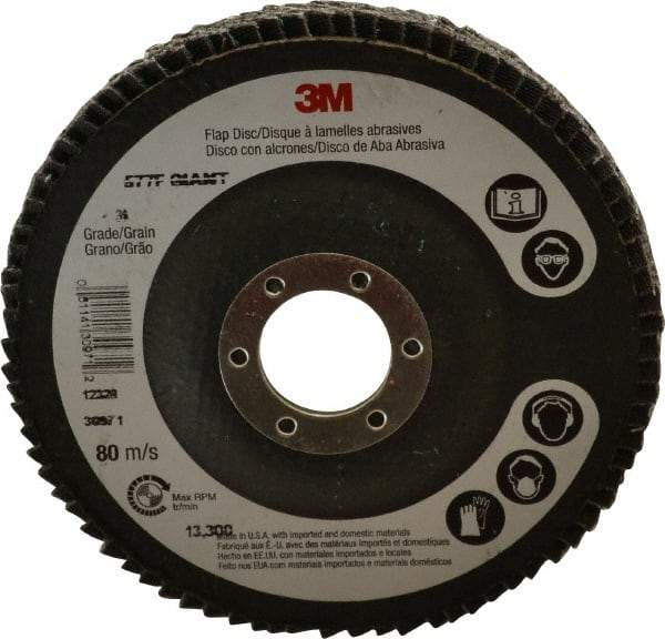 3M - 36 Grit, 4-1/2" Disc Diam, 7/8" Center Hole, Type 27 Zirconia Alumina Flap Disc - 13,300 Max RPM, Cloth Backing, Arbor Attaching System, Coated - Industrial Tool & Supply